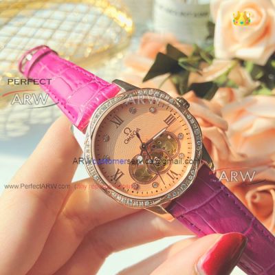 Perfect Replica Omega Salmon Diamond Dial Purple Leather Strap Ladies Watch